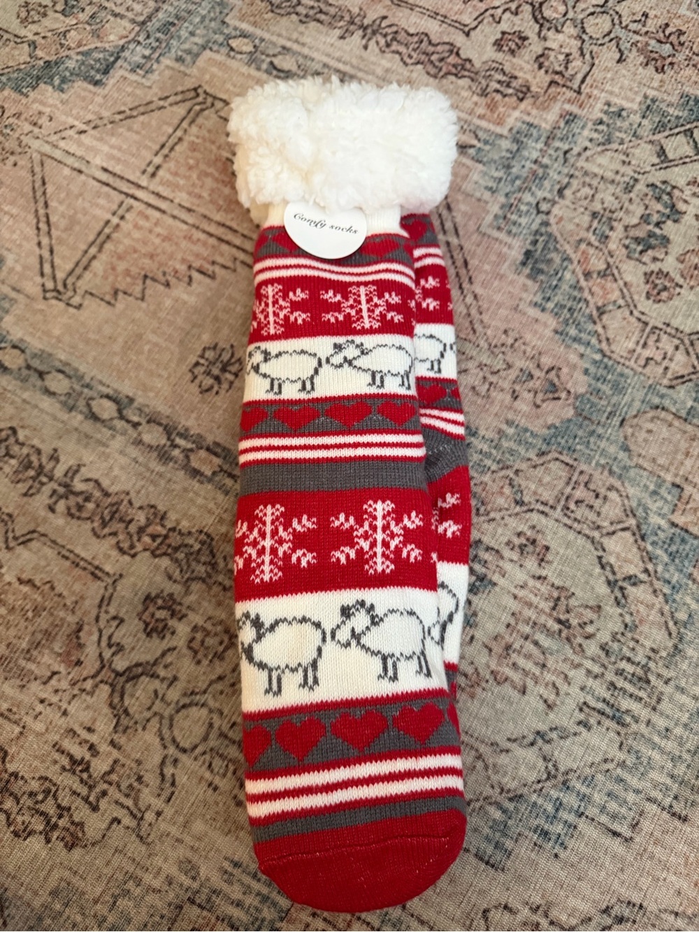 Cozy Red & White Sheep Pattern Fuzzy Lined Socks
